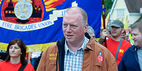 FBU leader Matt Wrack marching in Essex against job cuts in 2012