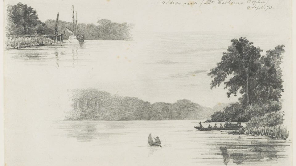 KITLV_-_36C196_-_Borret,_Arnoldus_-_Saramacca_river,_Surinam_sailing_ship_and_canoe._Plantation_Catharina_Sophia_-_Pencil_-_1878-09-09-p1arj9nmqae7k9jf1cr4j5510ce-min