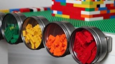 Sort Lego pieces into tins that adhere to the Grundtal magnetic knife rack. 