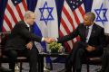 US President Barack Obama shakes hands with Israeli Prime Minister Benjamin Netanyahu during a bilateral meeting at the ...