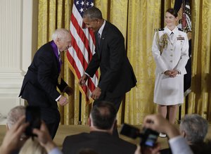 President Barack Obama jokes with actor, comedian and writer, Mel Brooks, as he awards him the 2015 National Medal of Arts during a ceremony in the East Room of the White House, Thursday, Sept. 22, 2016, in Washington