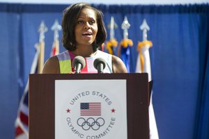 First Lady Michelle Obama addresses the audience at the opening ceremony for the 2012 Wounded Warrior Games in Colorado Springs, Colo, Apr. 30, 2012.