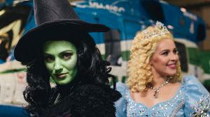 Loren Hunter, as Elphaba and Laura Murphy, as Glinda, at the media preview for Free Rain Theatre's production of ...