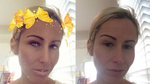 Kate Symons, showing the enhancing effects of Snapchat's butterfly halo: slimmer face, clearer skin, bigger eyes.