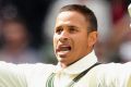 Usman Khawaja celebrates making a century during day one of the second Test between Australia and the West Indies at the ...