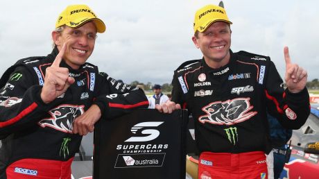 Warren Luff and Garth Tander celebrate after winning the Sandown 500.