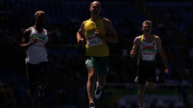 Evan O' Hanlon (centre) competing in the Men's 100m T38 heat two at the Rio 2016 Paralympic Games.