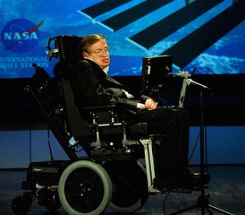 File - Professor Stephen Hawking, Lucasian Professor of Mathematics at Cambridge University, delivers "Why We Should Go into Space", at the NASA Lecture Series, April 21, 2008. He wrote this new lecture for NASA’s 50 anniversary.