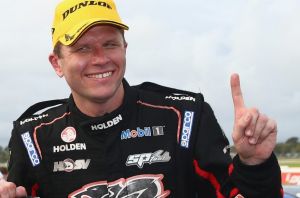 Warren Luff and Garth Tander celebrate after winning the Sandown 500.