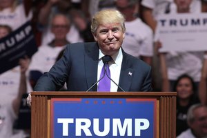 Donald Trump speaking with supporters at a campaign rally at the South Point Arena in Las Vegas, Nevada.