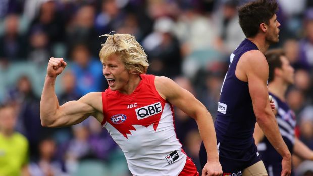 Isaac attack: Swans' Heeney celebrates a goal against Fremantle.