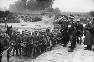 File - Adolf Hitler reviews troops on the march during the campaign against Poland, September 1939.