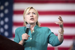 Democratic presidential candidate Hillary Clinton speaks at a rally at Abraham Lincoln High School, in Des Moines, Wednesday, Aug. 10, 2016.