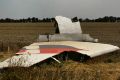 A portion of the MH17 wing lies in the field as smoke rises behind the tree-line where fighting continued off the crash site.