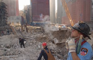  New York, NY, October 13, 2001 -- New York Firefighters still putting out fires at the site of the World Trade Center. Photo by Andrea Booher/ FEMA News Photo    wnhires  (js1) 