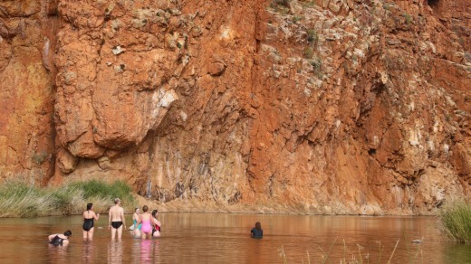 Swimming in the Finke River, Glen Helen Gorge.