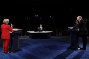 Democratic U.S. presidential nominee Hillary Clinton and Republican U.S. presidential nominee Donald Trump speak during their first presidential debate at Hofstra University in Hempstead