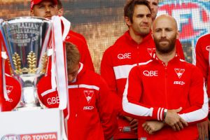 Eyes on the prize: Jarrad McVeigh looks at the premiership cup on Friday.