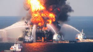 Fire boat response crews battle the blazing remnants of the offshore oil rig Deepwater Horizon, off Louisiana, in 2010.
