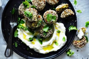 Broad bean falafels with mint labne.