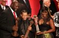 Hall of fame: Shaquille O'Neal, Allen Iverson, and Sheryl Swoopes with their awards.