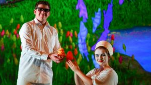 Lachlan McLean and Sophia Wasley of Victorian Opera, in front of the 3D set of <i>Four Saints in Three Acts</i>. 