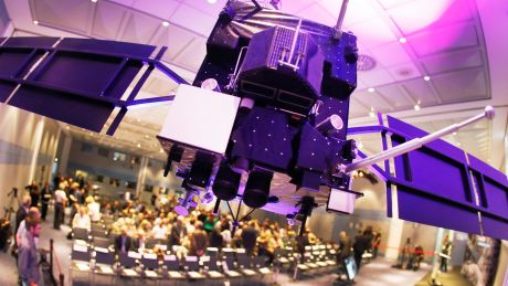 A model of Rosetta hangs from the ceiling in a conference room at the European Space Agency ESA in Darmstadt, Germany.