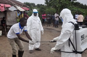 In this Tuesday, June 30, 2015, file photo health workers wash their hands after taking a blood specimen from a child to test for the Ebola virus in a area were a 17-year old boy died from the virus on the outskirts of Monrovia, Liberia.