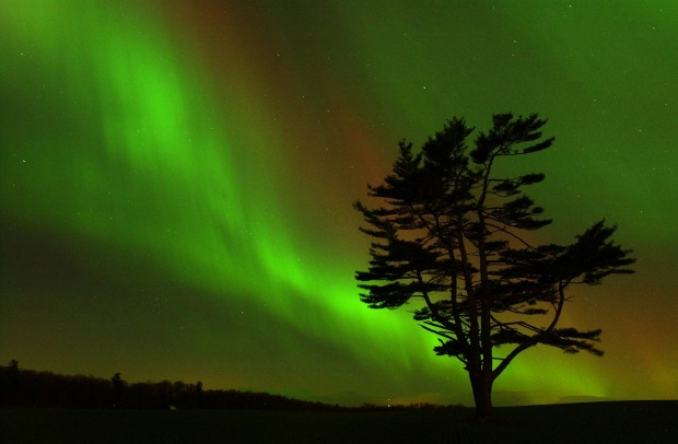 The aurora borealis lights up the sky above a field in the early morning in Kitchener Ontario, Canada. The Northern ...