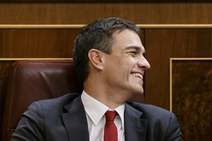 Spain's Socialist party leader Pedro Sanchez smiles at the Spanish Parliament in Madrid, Wednesday, Jan. 13, 2016 .