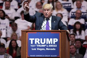 Donald Trump speaking with supporters at a campaign rally at the South Point Arena in Las Vegas, Nevada.