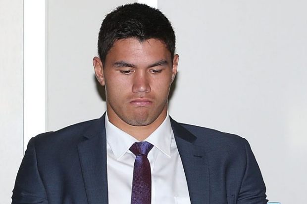 Ashen faced: Jordan McLean at the judiciary hearing before his seven-week ban after being found guilty of a dangerous throw.