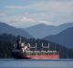 The Ocean Destiny bulk carrier freight ship sits moored near the Port of Prince Rupert in Prince Rupert, British Columbia.