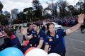 Luke Beveridge, Bob Murphy and Easton Wood take the plaudits from Western Bulldogs fans.