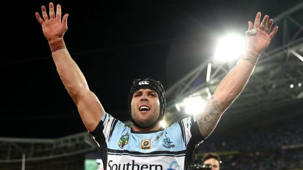 SYDNEY, AUSTRALIA - OCTOBER 02: Michael Ennis of the Sharks celebrates winning the 2016 NRL Grand Final match between ...