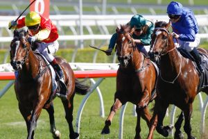 Close thing: Kerrin McEvoy on Russian Revolution holds off James McDonald on Astern (in blue) to win the Roman Consul Stakes.