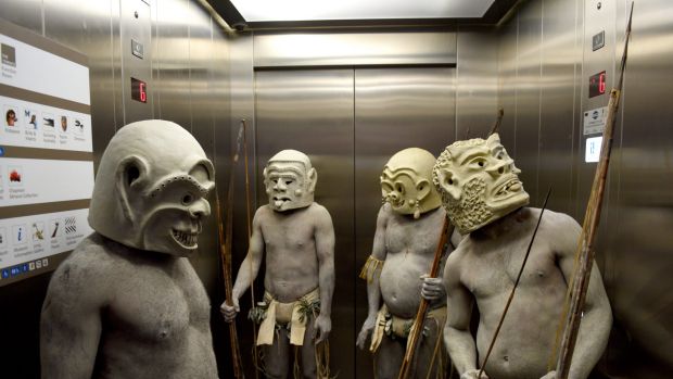 The Asaro Mud Men of the Eastern Highlands of Papua New Guinea who are in residence at the Australian Museum for the ...