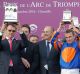 Ryan Moore, right,  owner Mikel Tabor, centre, and trainer Aidan O'Brian hold their trophies on the podium.