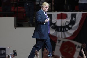 Donald Trump speaking with supporters at a campaign rally at the South Point Arena in Las Vegas, Nevada.