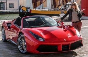 Writer Jane Cornwell with the red beast in Cesenatico.