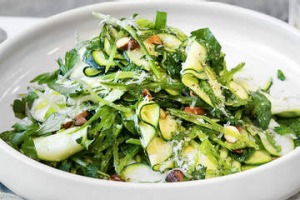 Shaved zucchini, snow peas, almonds salad.