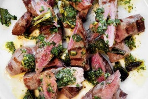 Lamb tenderloins,
 charred eschallot and salsa verde.