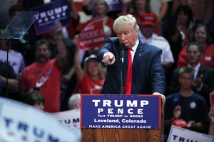 Republican presidential candidate Donald Trump speaks at a campaign rally, Monday, Oct. 3, 2016, in Loveland, Colo.