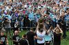 SYDNEY, AUSTRALIA - OCTOBER 03:  The Cronulla Sharks hold up the NRL trophy and meet the fans at their home ground shark ...