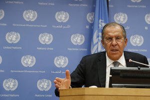 Russian Foreign Minister Sergey Lavrov speaks during a new conference, Friday, Sept. 23, 2016 at United Nations headquarters.