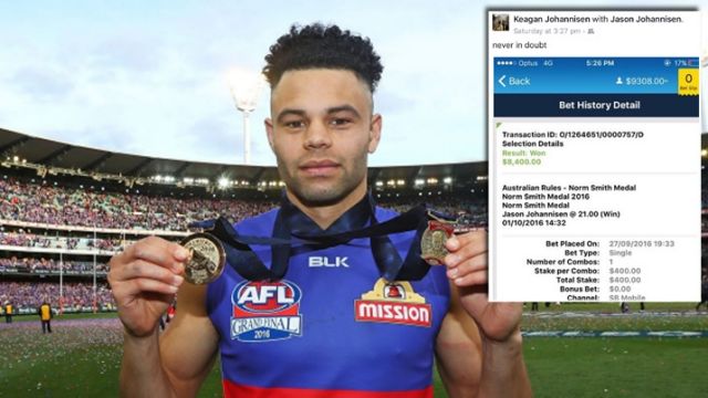 Jason Johannisen celebrates with his medals after the epic Grand Final and inset a big win on a Norm Smith punt.