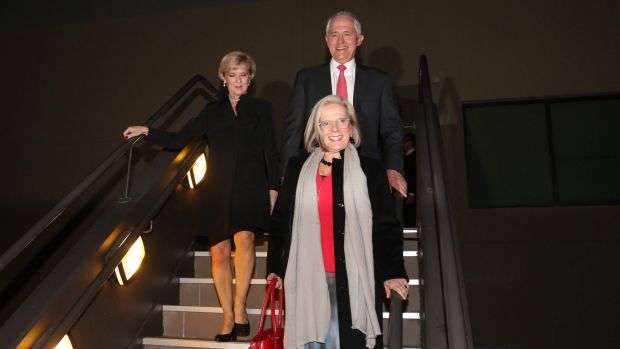 Prime Minister Malcolm Turnbull, Lucy Turnbull and Foreign Affairs Minister Julie Bishop leave the National Press Club ...