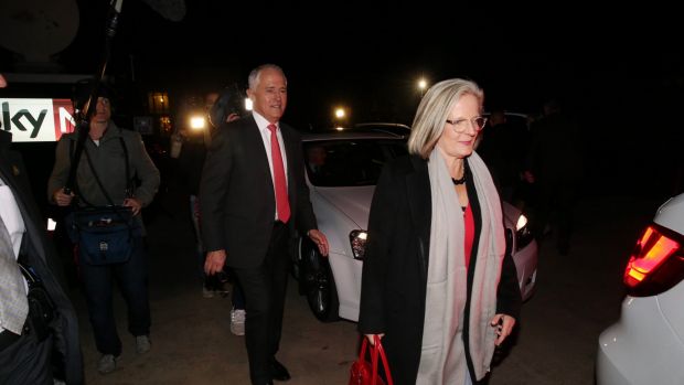 Prime Minister Malcolm Turnbull and Lucy Turnbull leave the debate on Sunday.