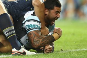 SYDNEY, AUSTRALIA - SEPTEMBER 23: Andrew Fifita of the Sharks celebrates scoring a try only to have it disallowed for a ...