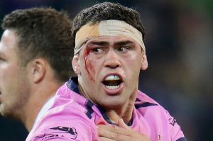 MELBOURNE, AUSTRALIA - AUGUST 06: Dale Finucane of the Storm looks to the referee during the round 22 NRL match between ...